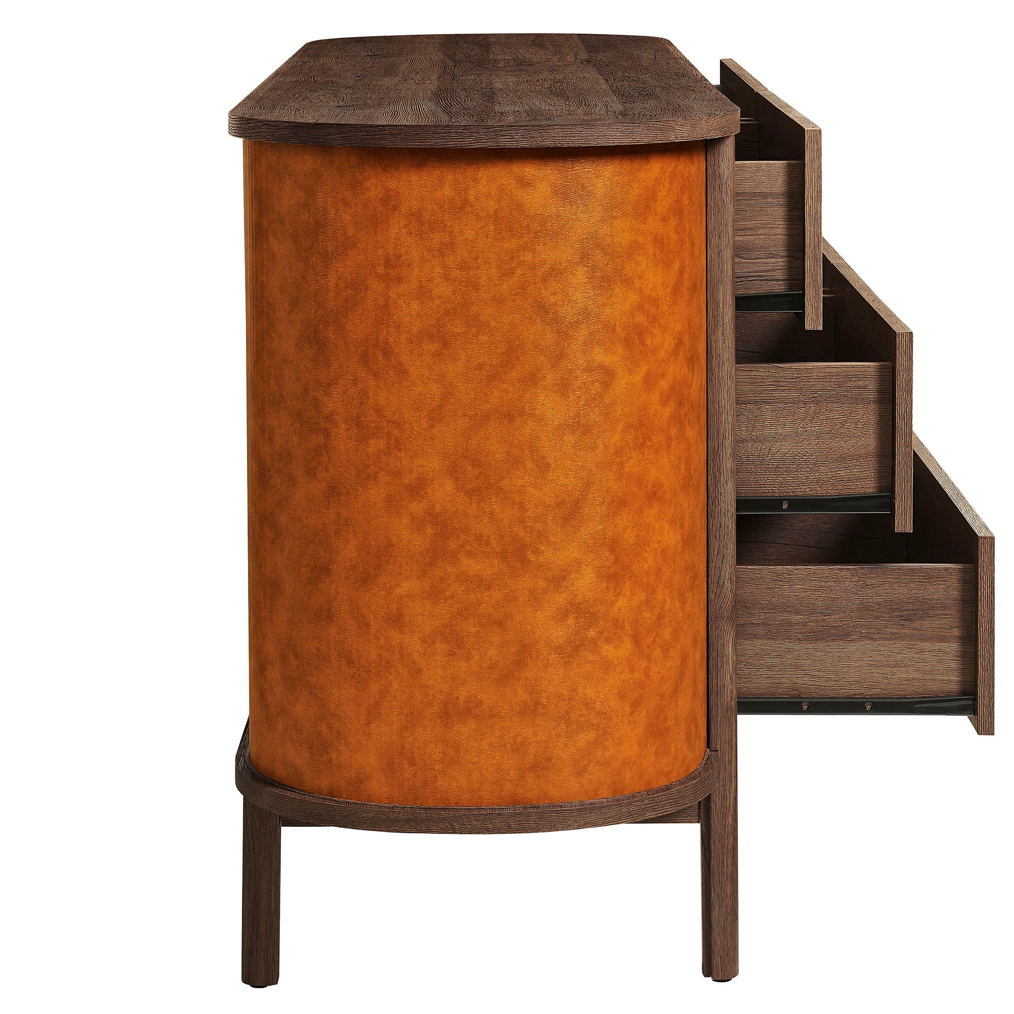 Coralie Curved 6-Drawer Vegan Leather Oval Dresser, Walnut Tan