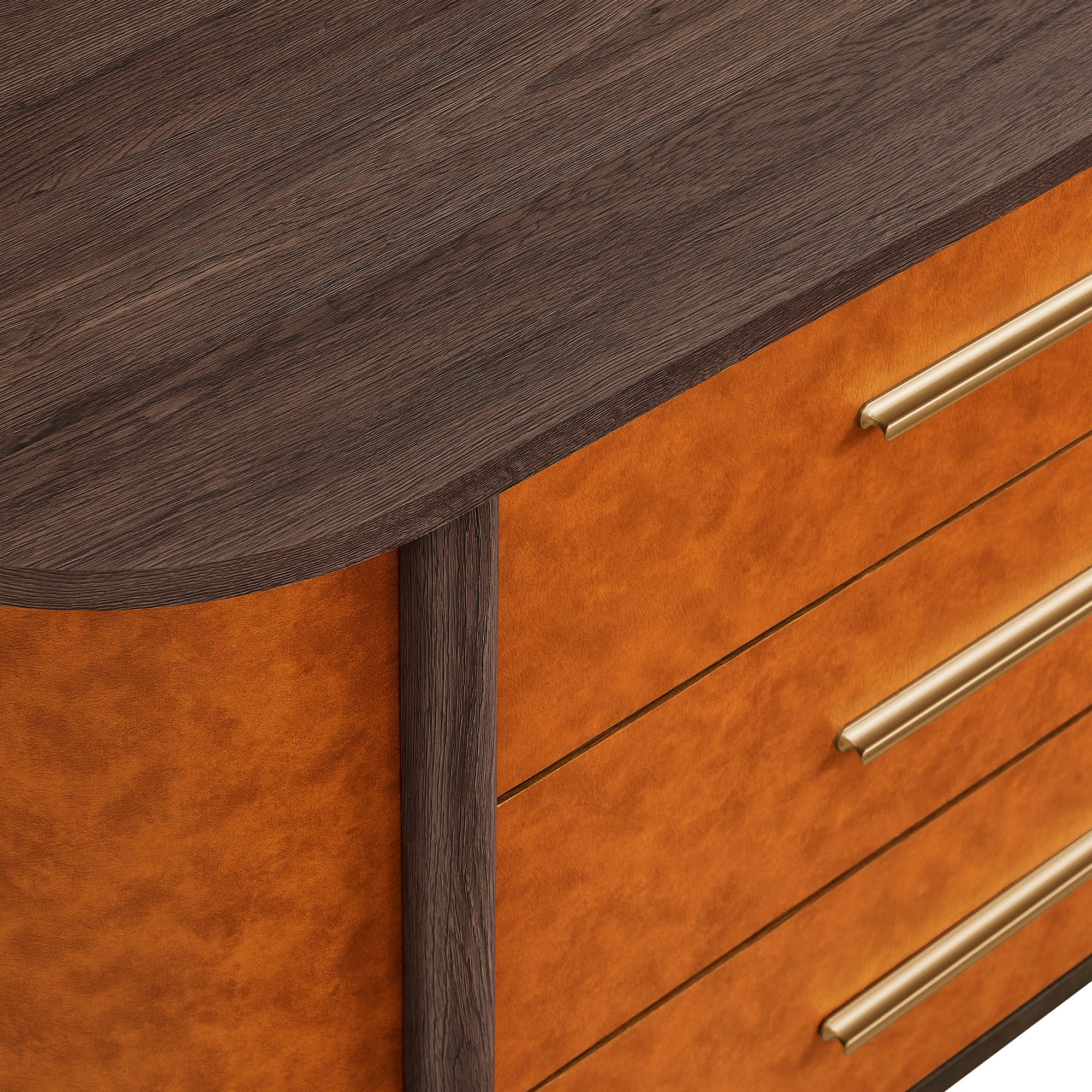 Coralie Curved 6-Drawer Vegan Leather Oval Dresser, Walnut Tan