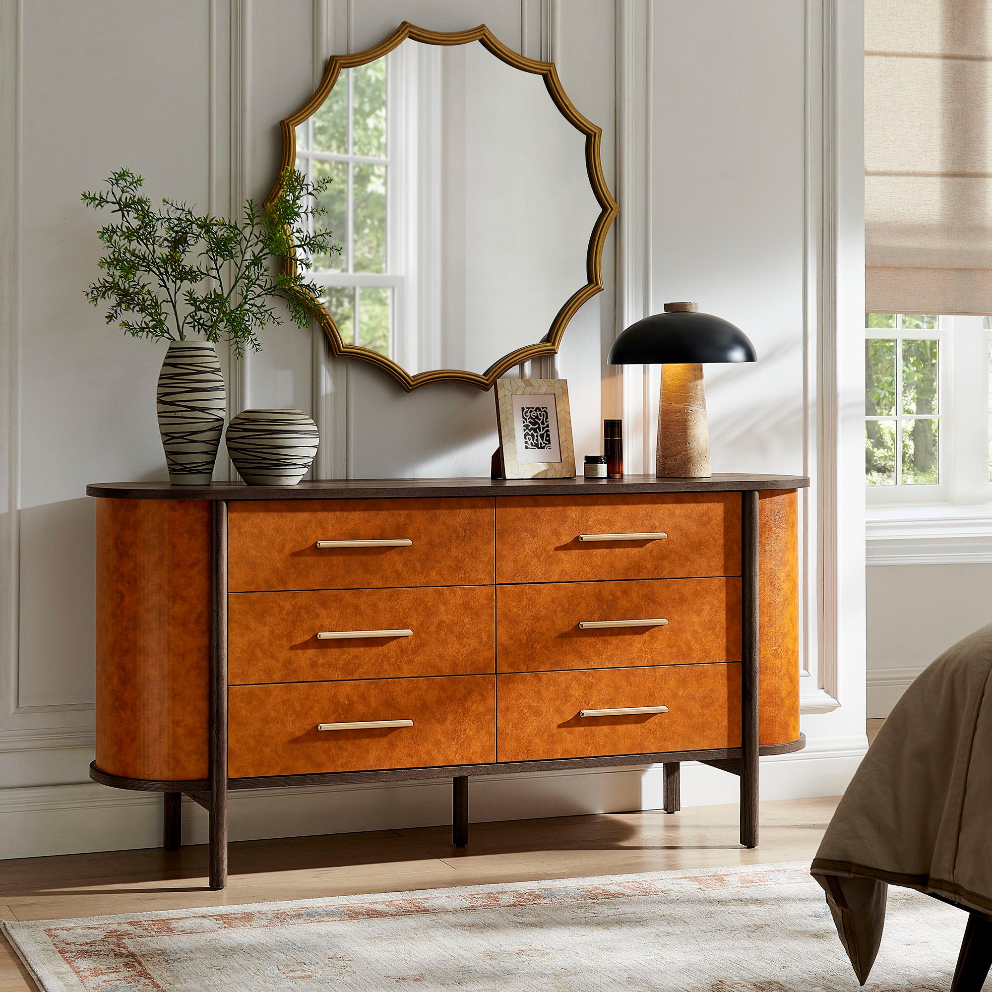 Coralie Curved 6-Drawer Vegan Leather Oval Dresser, Walnut Tan
