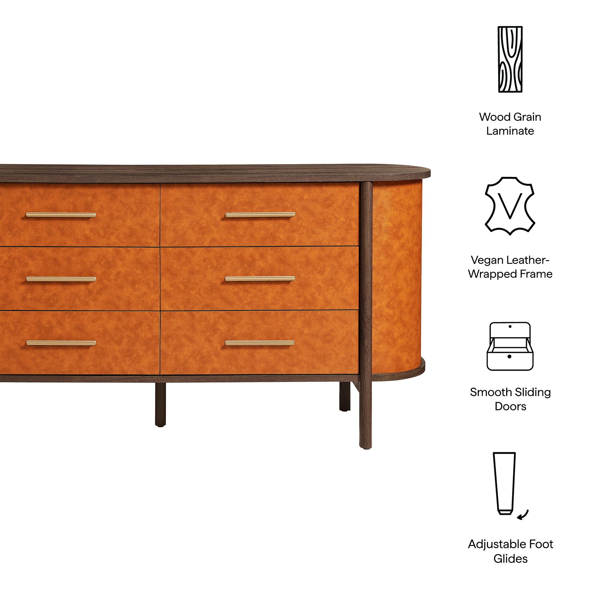 Coralie Curved 6-Drawer Vegan Leather Oval Dresser, Walnut Tan