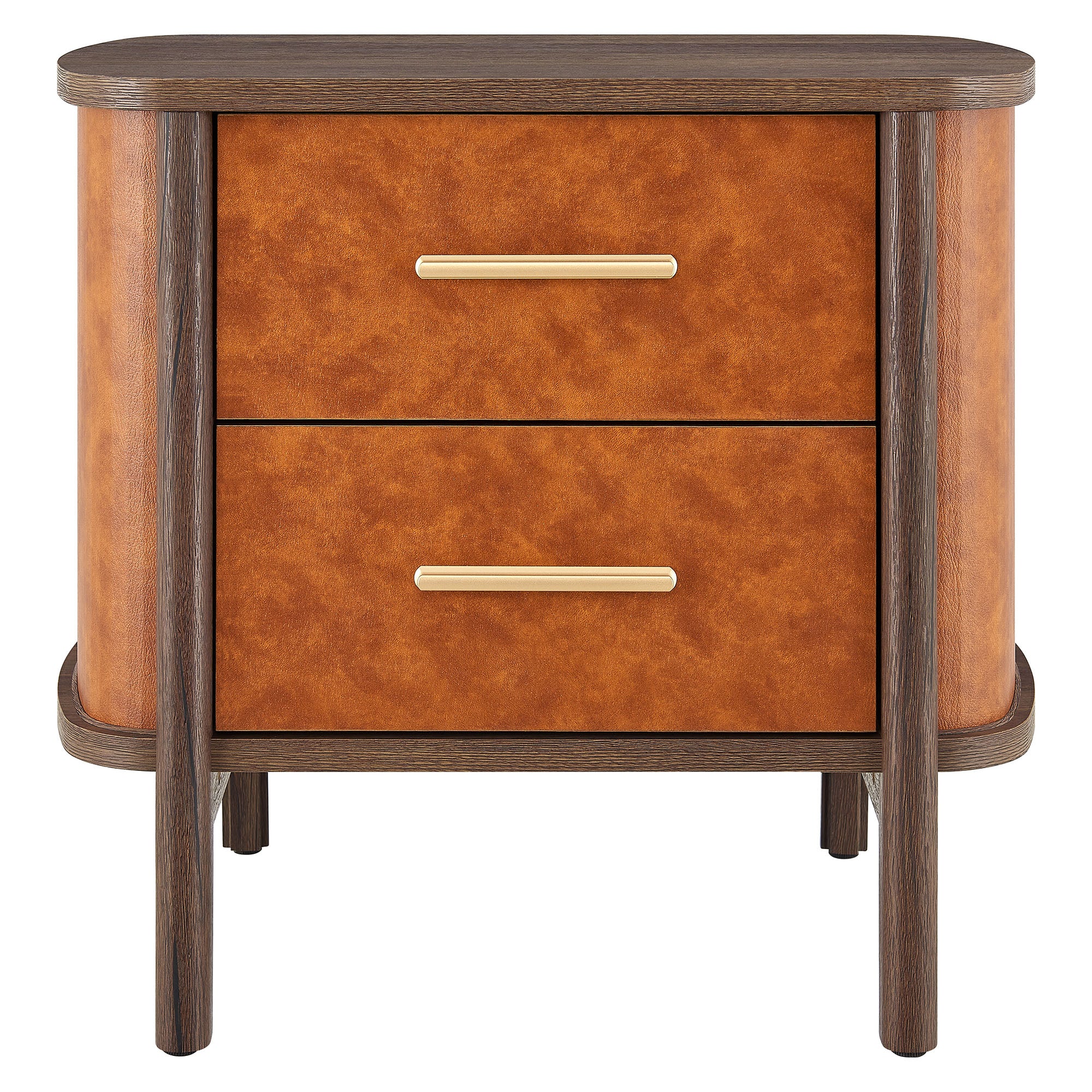 Coralie 2-Drawer Curved Vegan Leather Nightstand, Walnut Tan