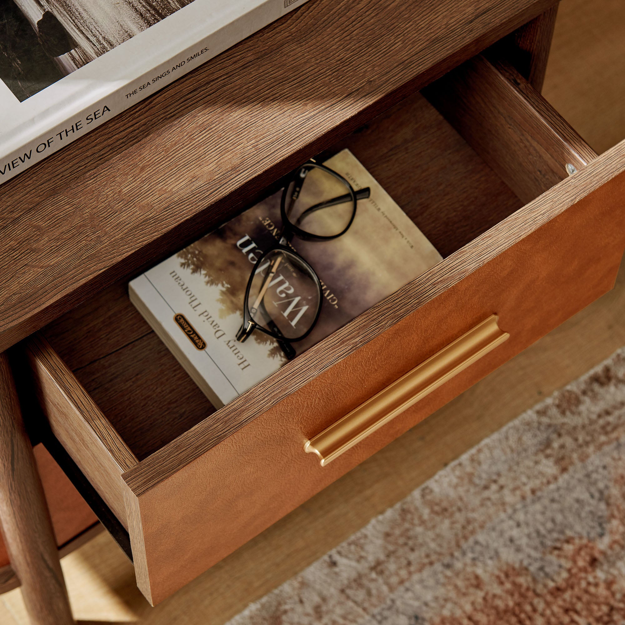 Coralie 2-Drawer Curved Vegan Leather Nightstand, Walnut Tan
