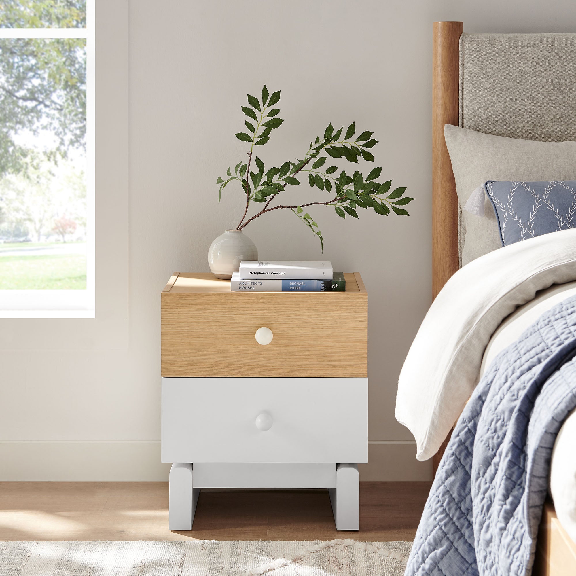 Nolia 2-Drawer Color Block Nightstand, Oak White