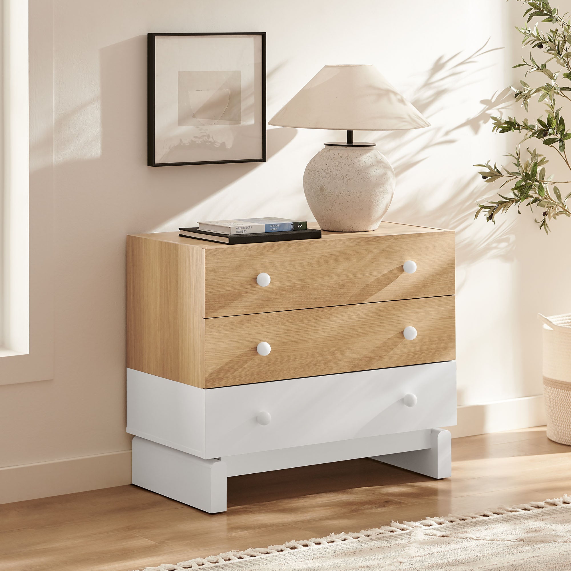 Nolia 3-Drawer Color Block Dresser, Oak White