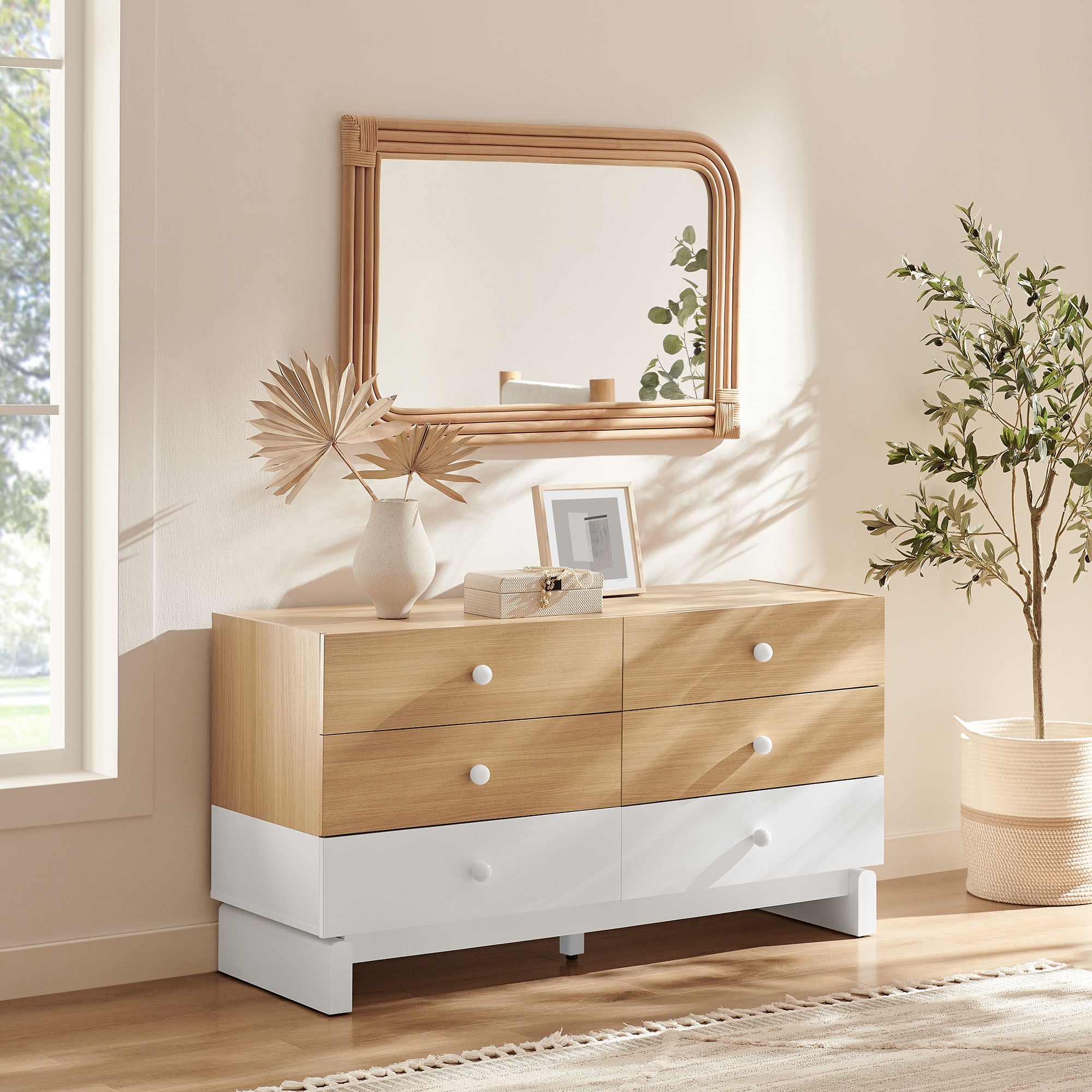 Nolia 6-Drawer Color Block Dresser, Oak White