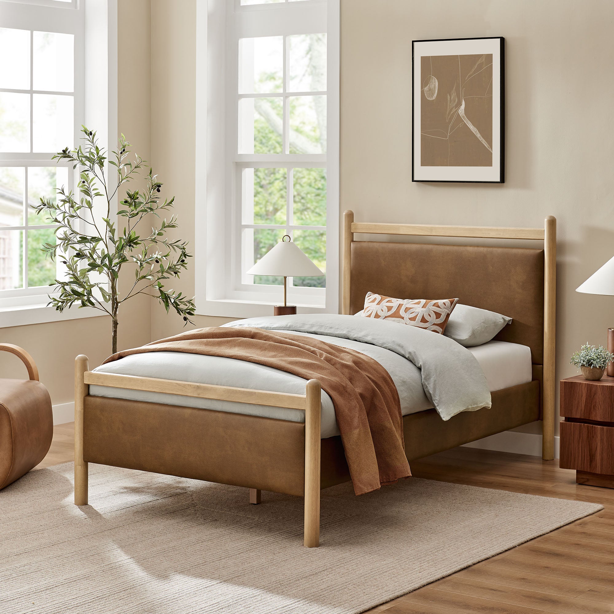 Ginny Twin Size Vegan Leather Platform Bed Frame, Light Oak Canyon