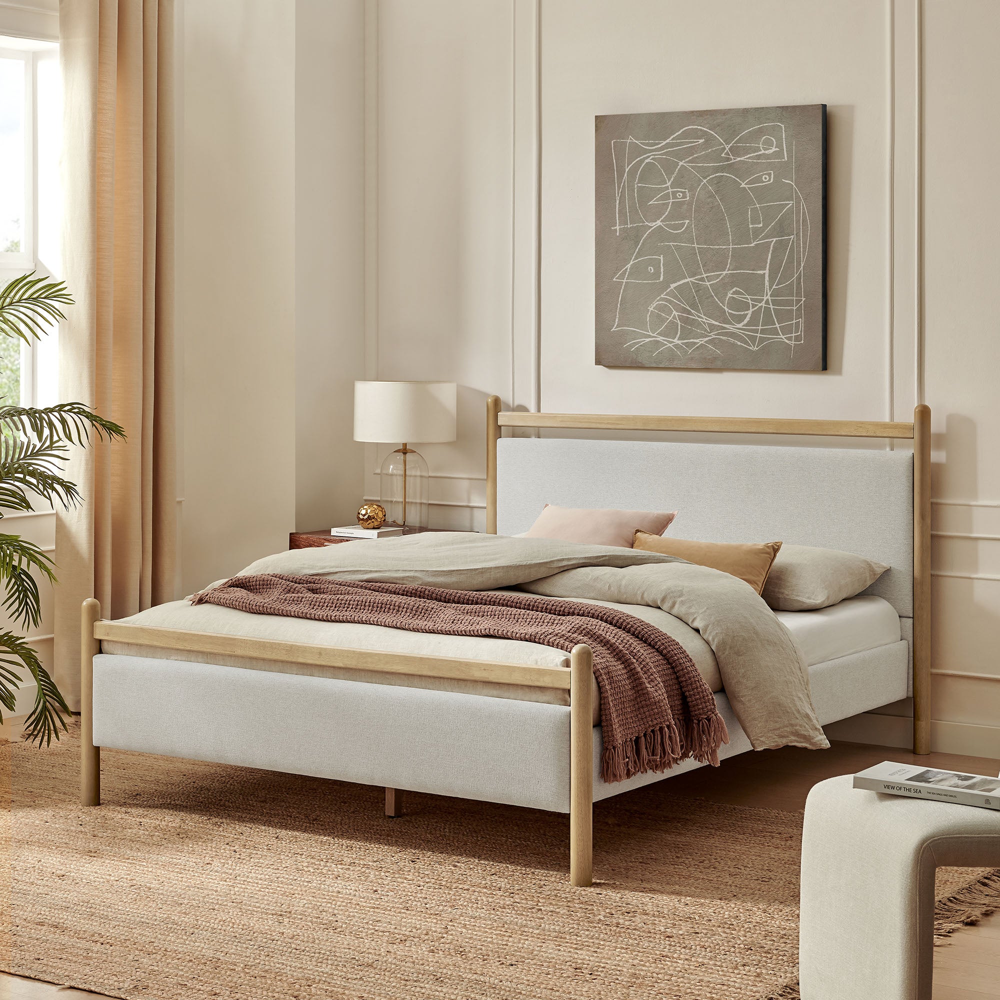 Ginny Queen Size Platform Bed Frame, Light Oak Heathered Ivory