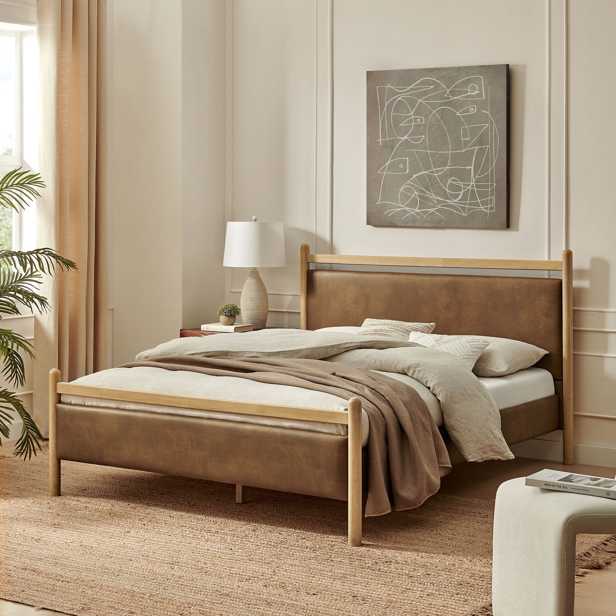 Ginny King Size Vegan Leather Platform Bed Frame, Light Oak Canyon