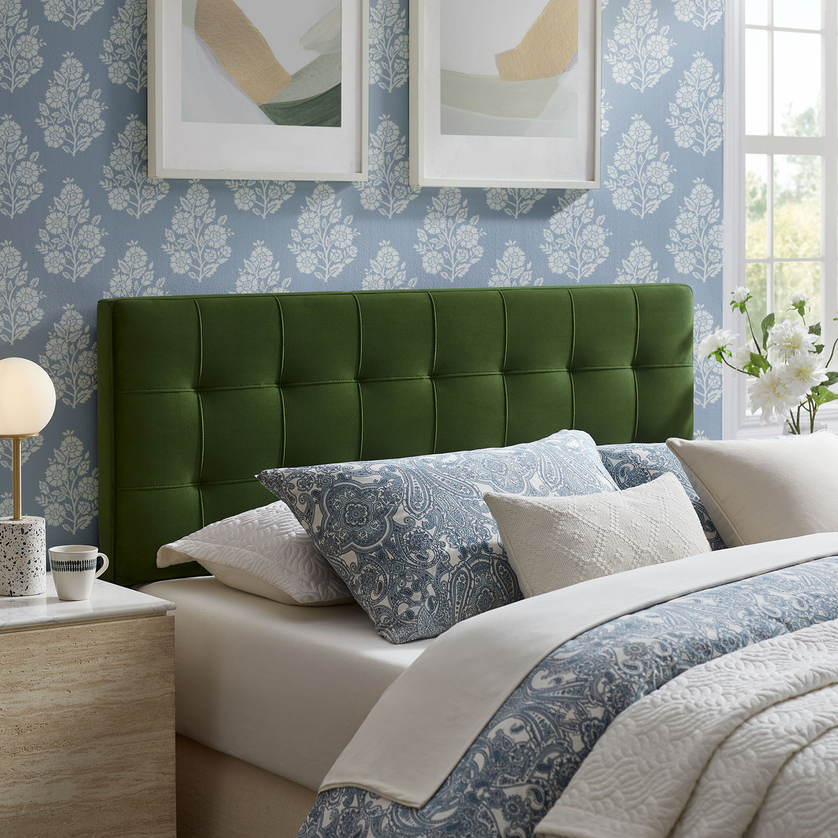Lily Stain-Resistant Performance Velvet Full Size Headboard, Moss Green