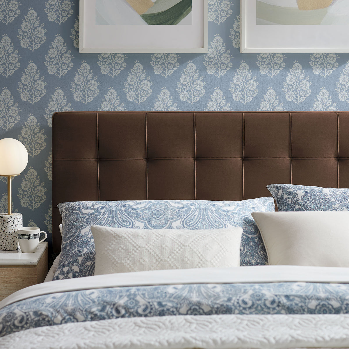 Lily Stain-Resistant Performance Velvet Queen Size Headboard, Chocolate Brown