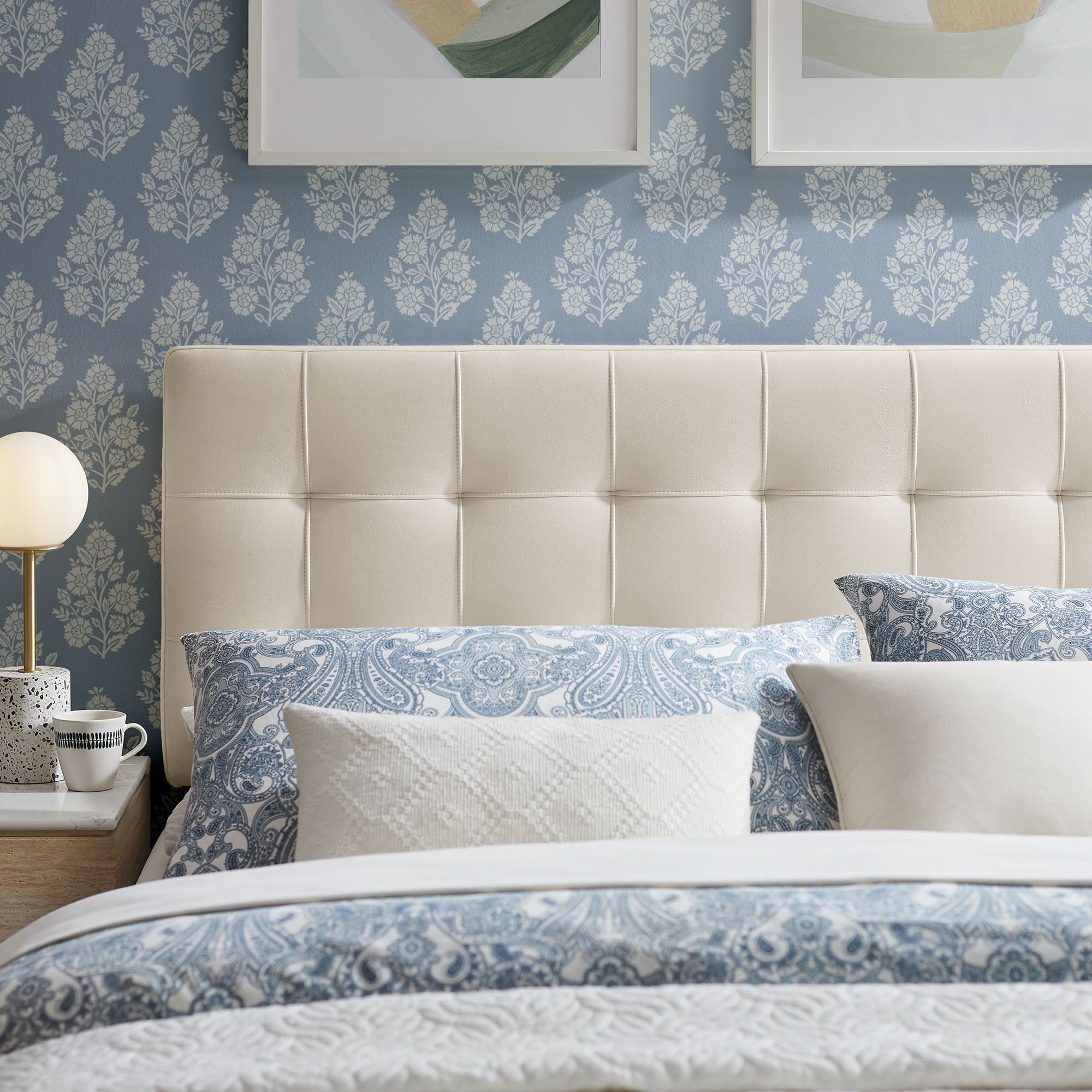 Lily Stain-Resistant Performance Velvet King Size Headboard, Alabaster