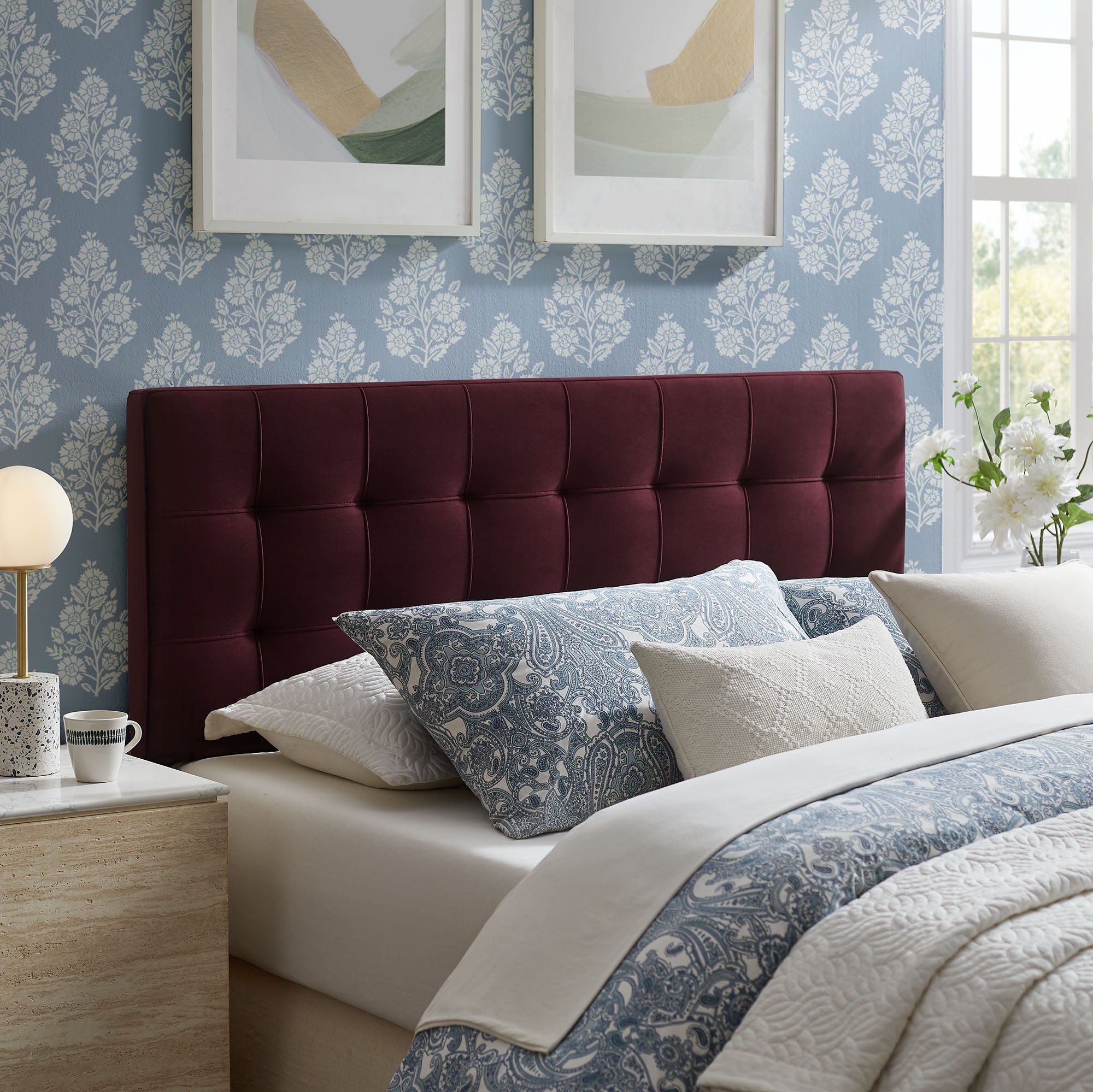 Lily Stain-Resistant Performance Velvet King Size Headboard, Mulberry