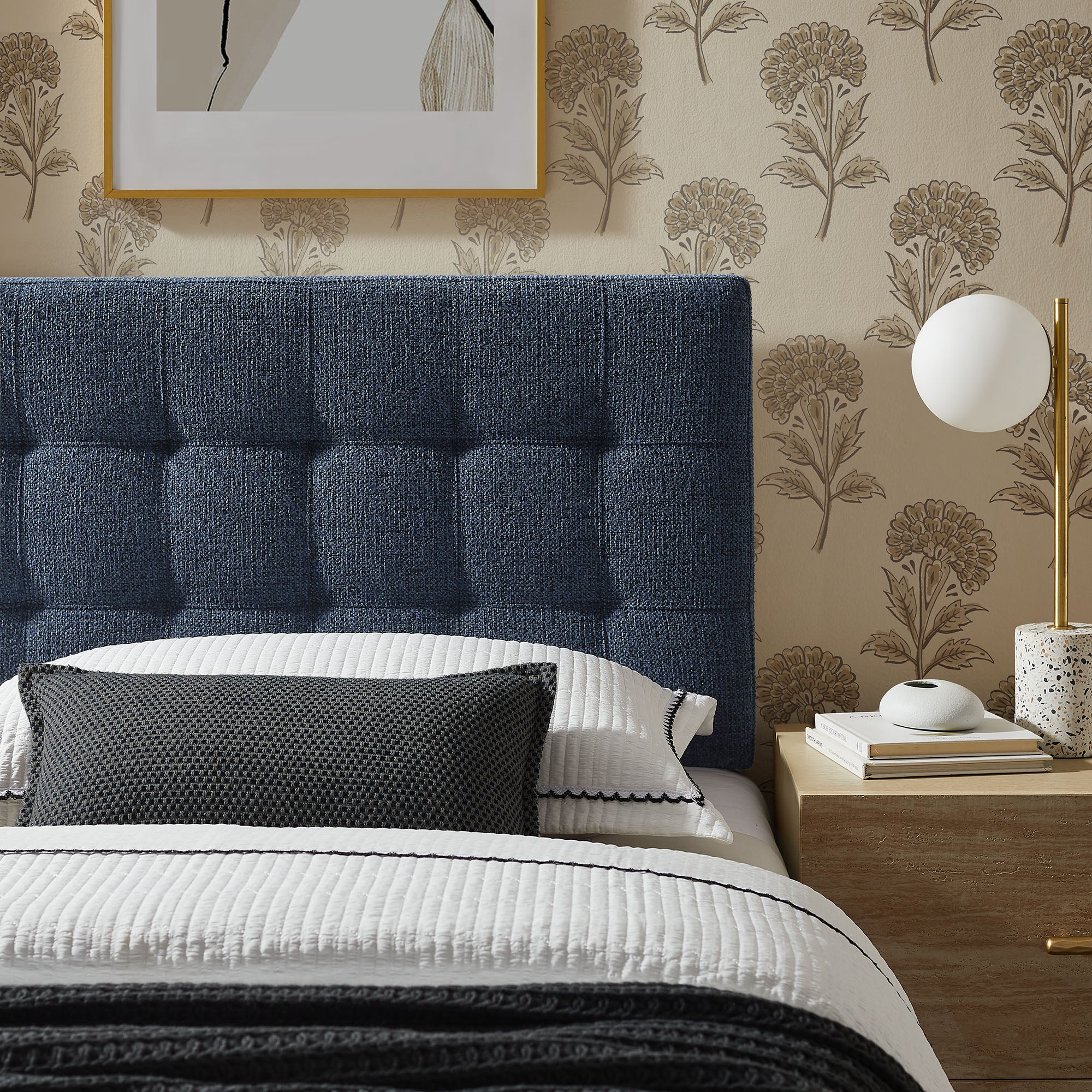Lily Upholstered Twin Size Headboard, Navy Chenille
