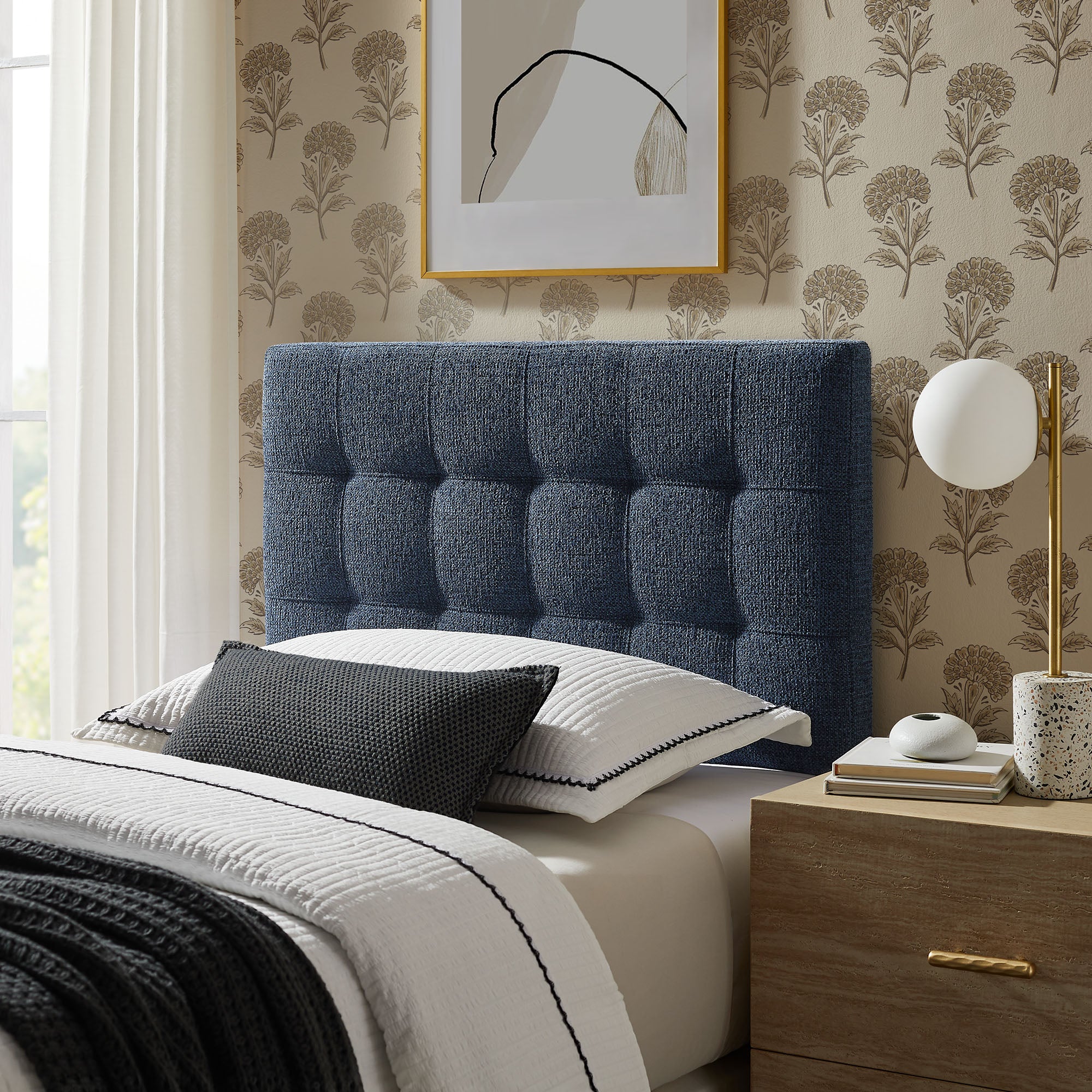 Lily Upholstered Twin Size Headboard, Navy Chenille