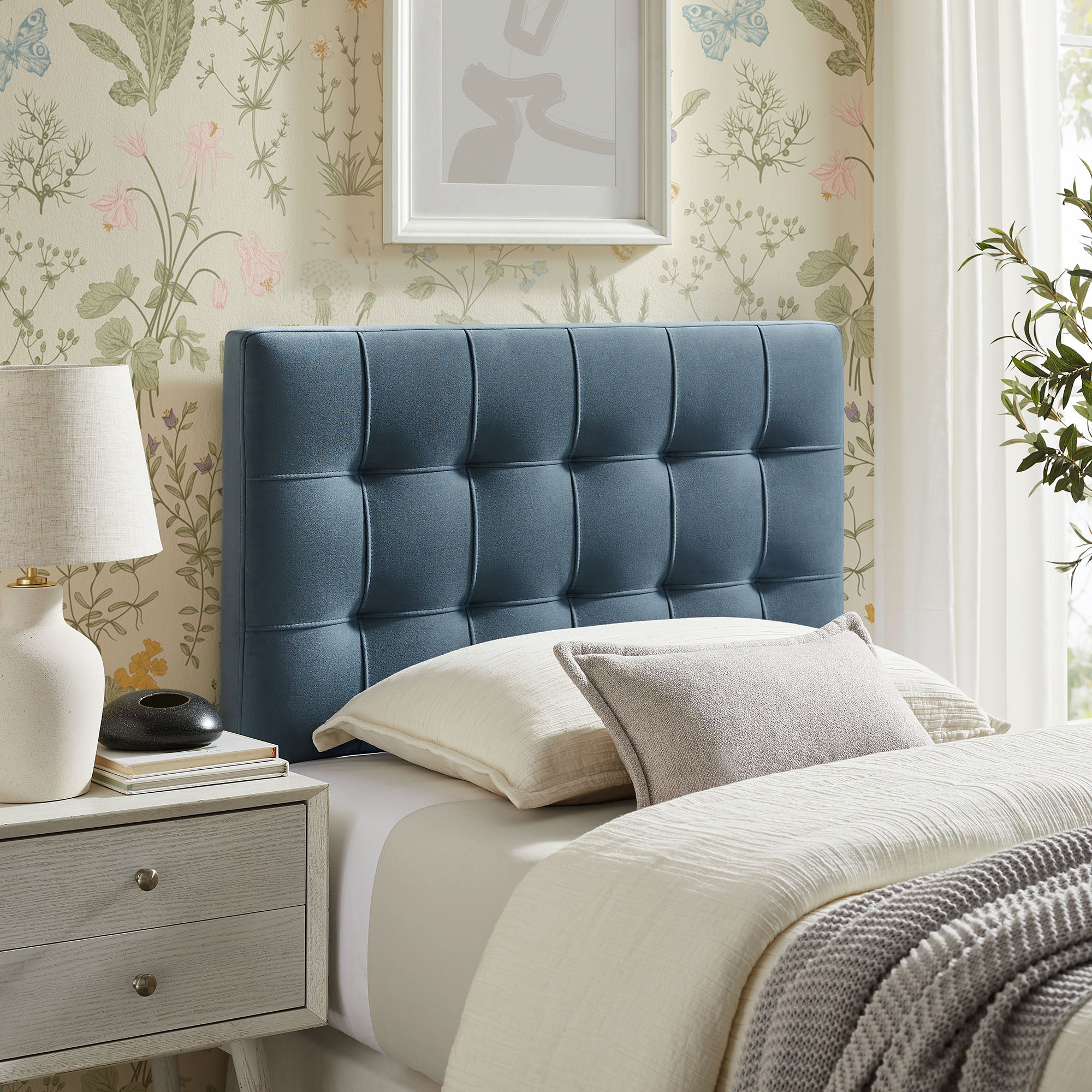 Lily Stain-Resistant Performance Velvet Twin Size Headboard, Cadet Blue