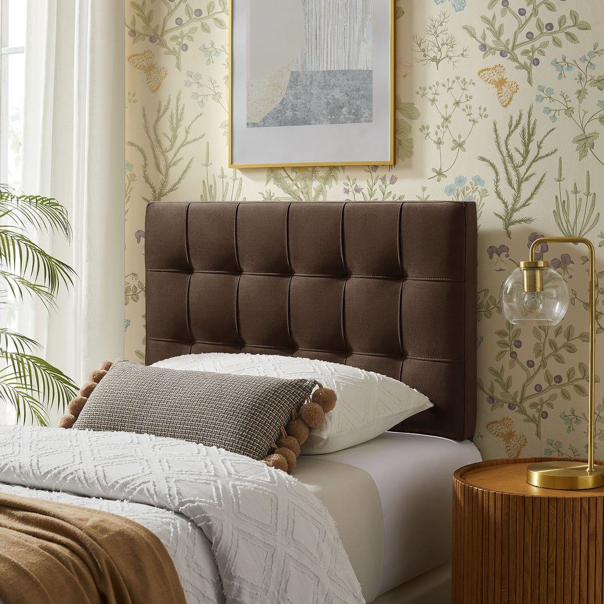 Lily Stain-Resistant Performance Velvet Twin Size Headboard, Chocolate Brown