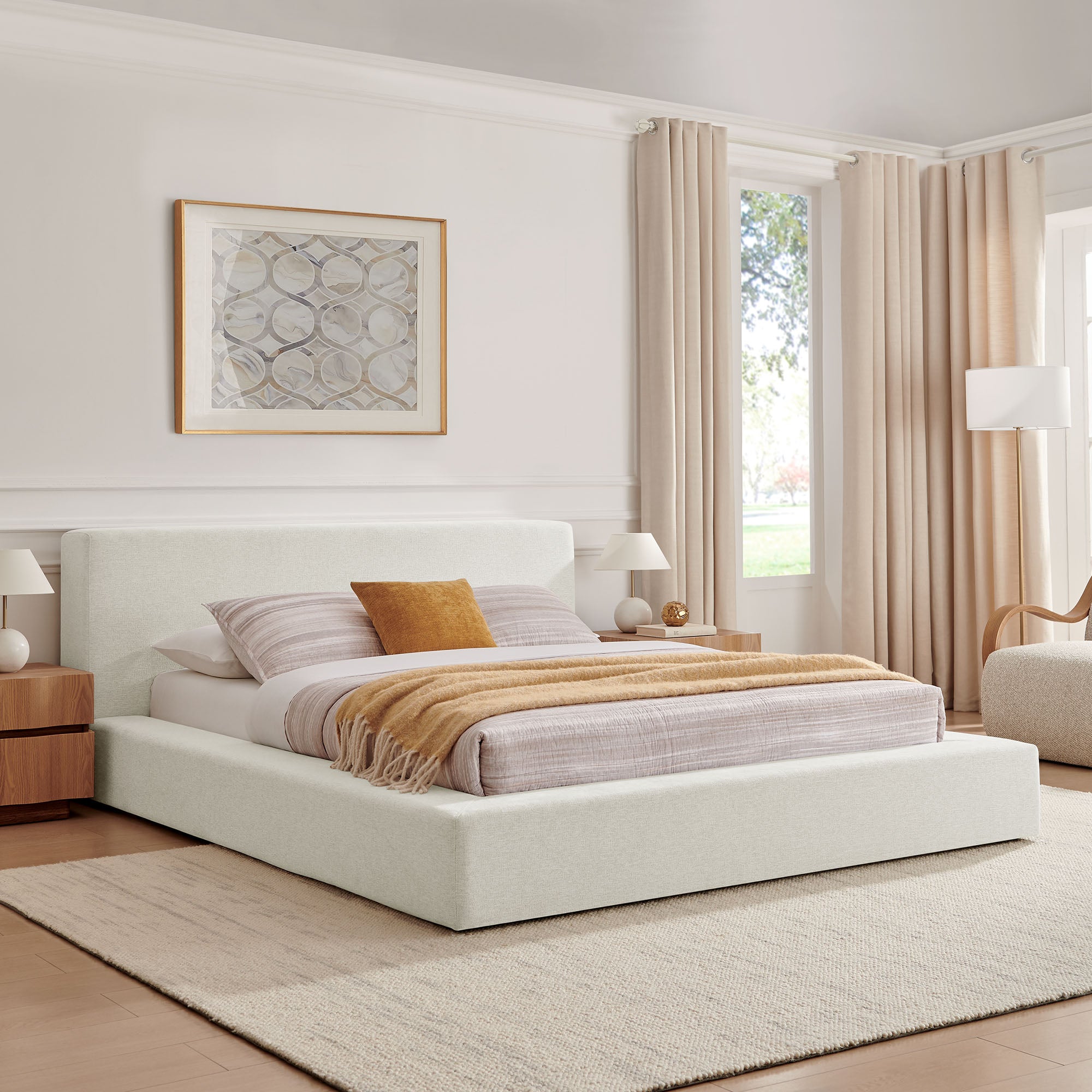 Luma Chenille Upholstered Queen Platform Bed Frame, Ivory Fabric