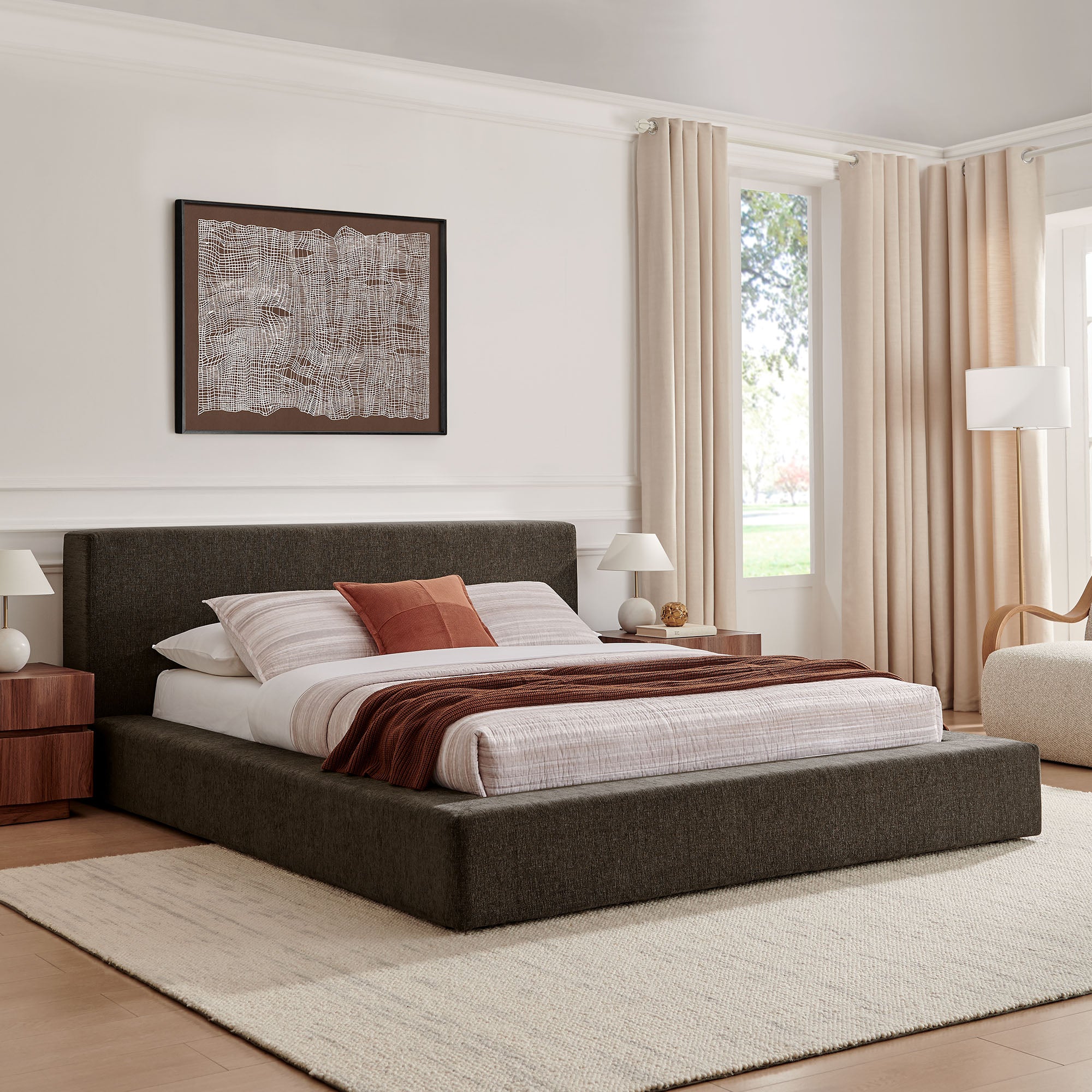 Luma Chenille Upholstered Queen Platform Bed Frame, Java