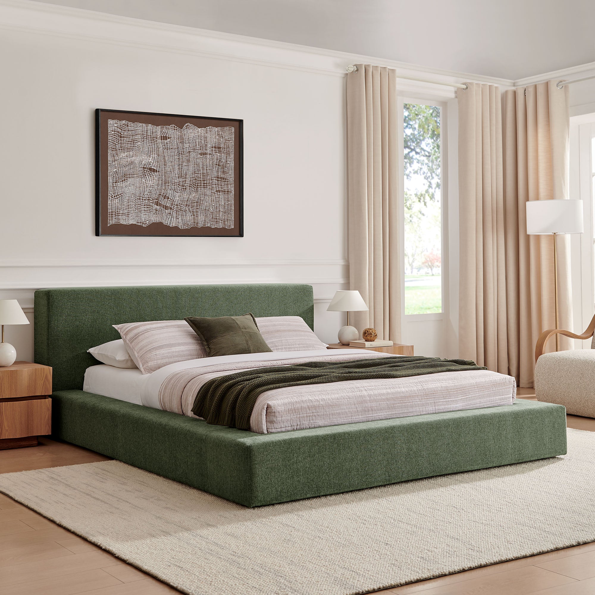Luma Chenille Upholstered King Platform Bed Frame, Eucalyptus