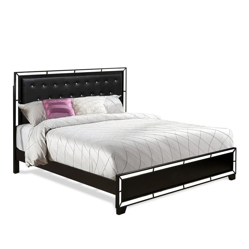 Nella Button Tufted Bedroom Frame - Black Leather Headboard and Black Legs - King Size