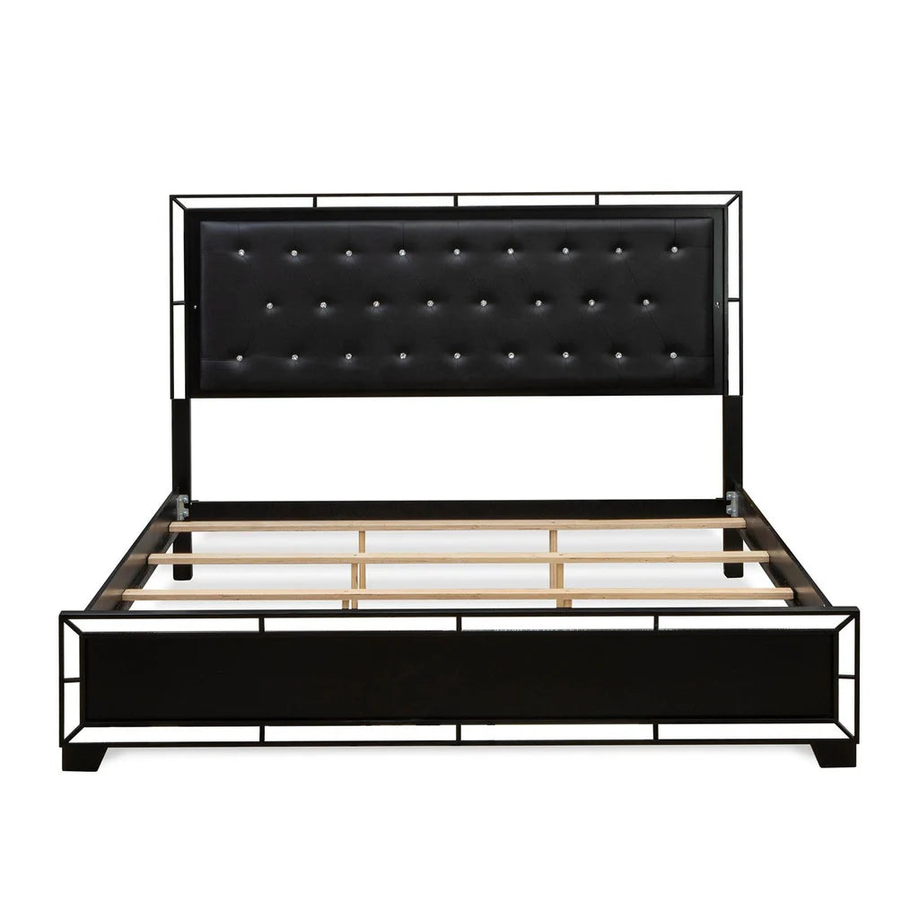 Nella Button Tufted Bedroom Frame - Black Leather Headboard and Black Legs - King Size