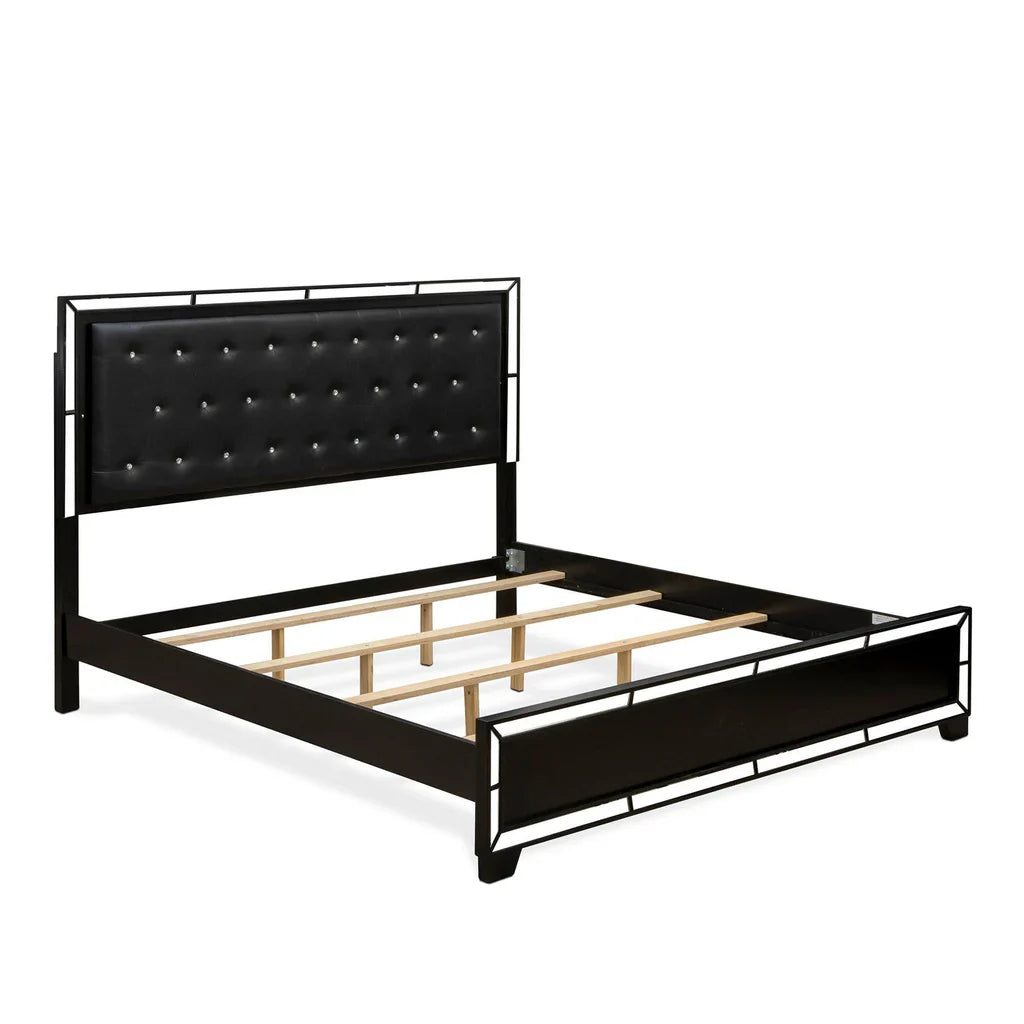 Xymera Nella King Size Black Faux Leather Bed Frame – Modern Button Tufted with LED Headboard