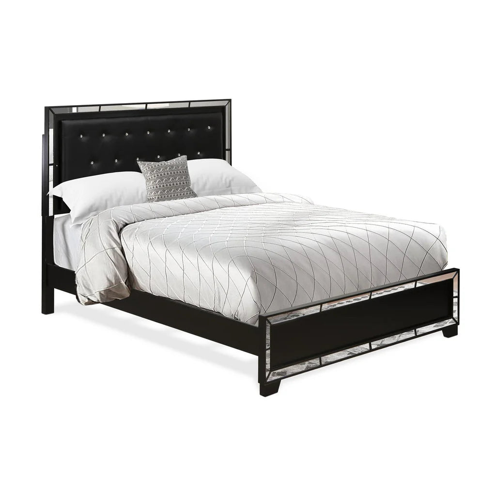 Nella Button Tufted Queen Frame - Black Leather Queen Headboard and Black Legs