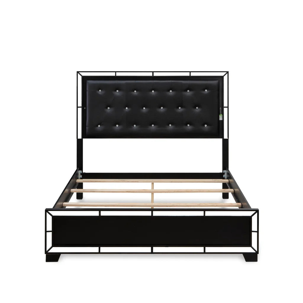 Nella Button Tufted Queen Frame - Black Leather Queen Headboard and Black Legs