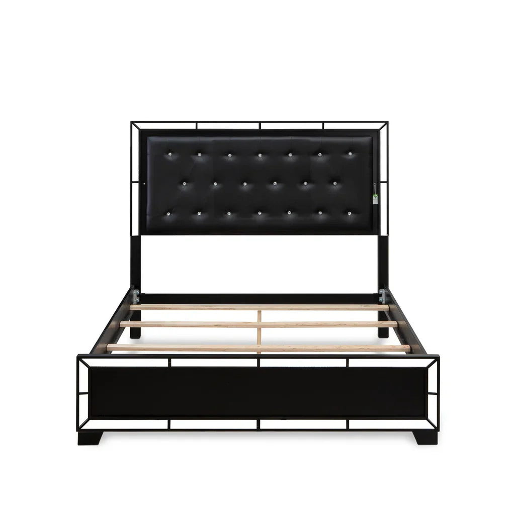Hazel Nella Collection Queen Black Upholstered Bed – Sleek Frame with Tufted Leather Headboard