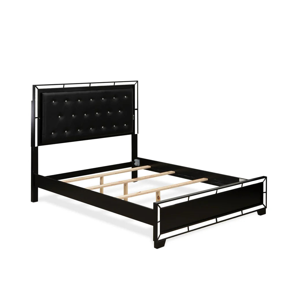 Nella Button Tufted Queen Frame - Black Leather Queen Headboard and Black Legs