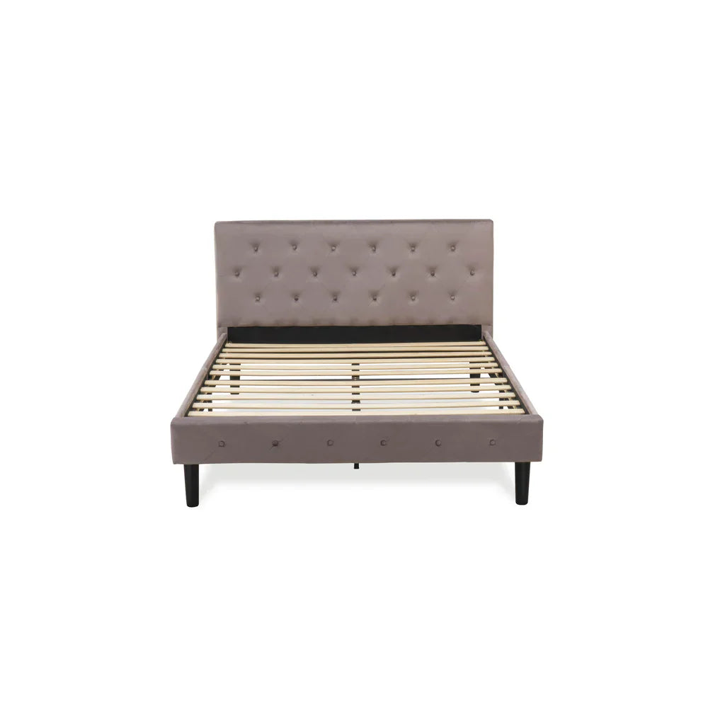 Kamal Nolan Full Brown Taupe Velvet Platform Bed  Modern Button-Tufted Headboard & Footboard