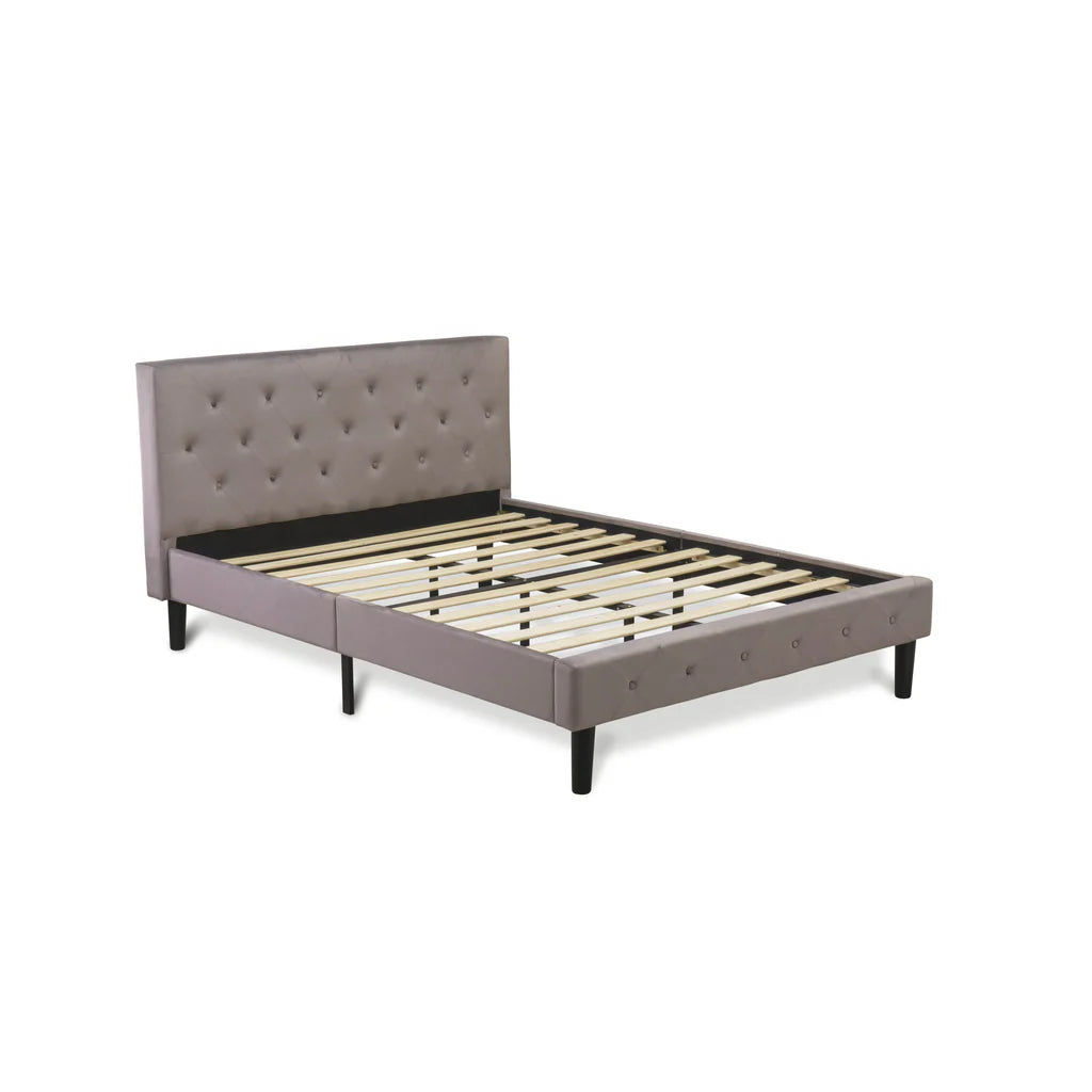 Nolan Platform Bed - Button Tufted Brown Taupe Velvet Fabric Padded Headboard & Footboard, Black Legs, Full Size