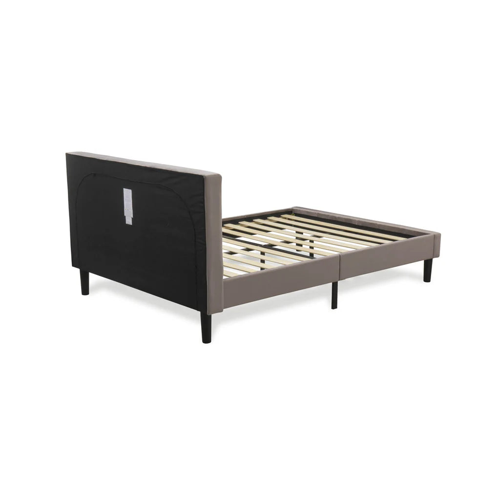 Nolan Platform Bed - Button Tufted Brown Taupe Velvet Fabric Padded Headboard & Footboard, Black Legs, Full Size