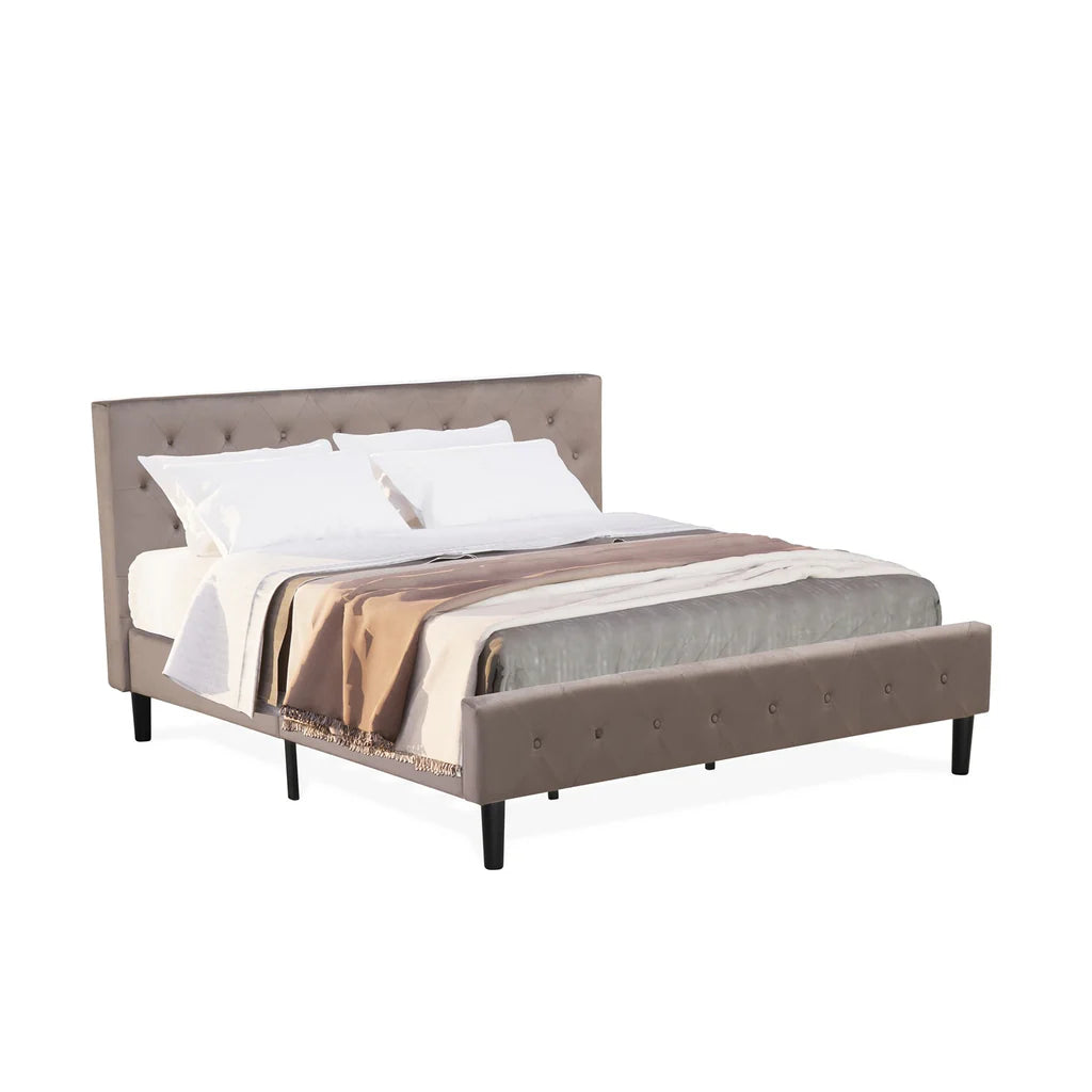 Nolan Platform Bed Frame - Button Tufted Brown Taupe Velvet Fabric Upholstered Headboard & Footboard, Black Legs, King Size