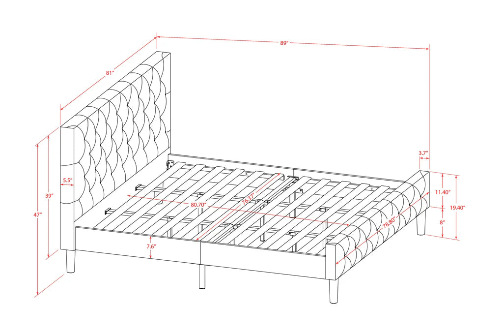 Nolan Platform Bed Frame - Button Tufted Brown Taupe Velvet Fabric Upholstered Headboard & Footboard, Black Legs, King Size