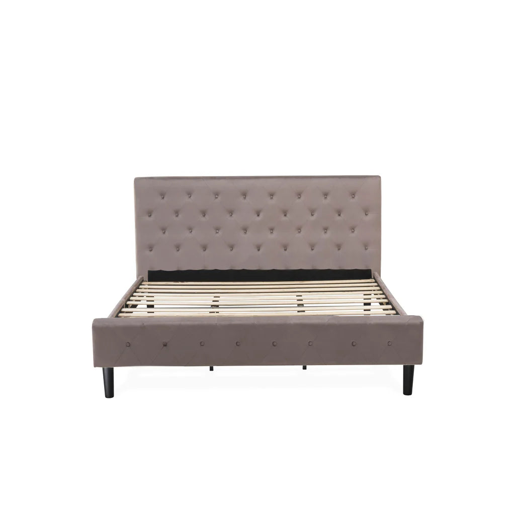 Nolan Platform Bed Frame - Button Tufted Brown Taupe Velvet Fabric Upholstered Headboard & Footboard, Black Legs, King Size