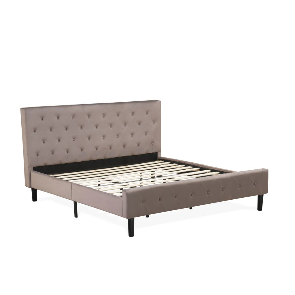 Nolan Platform Bed Frame - Button Tufted Brown Taupe Velvet Fabric Upholstered Headboard & Footboard, Black Legs, King Size