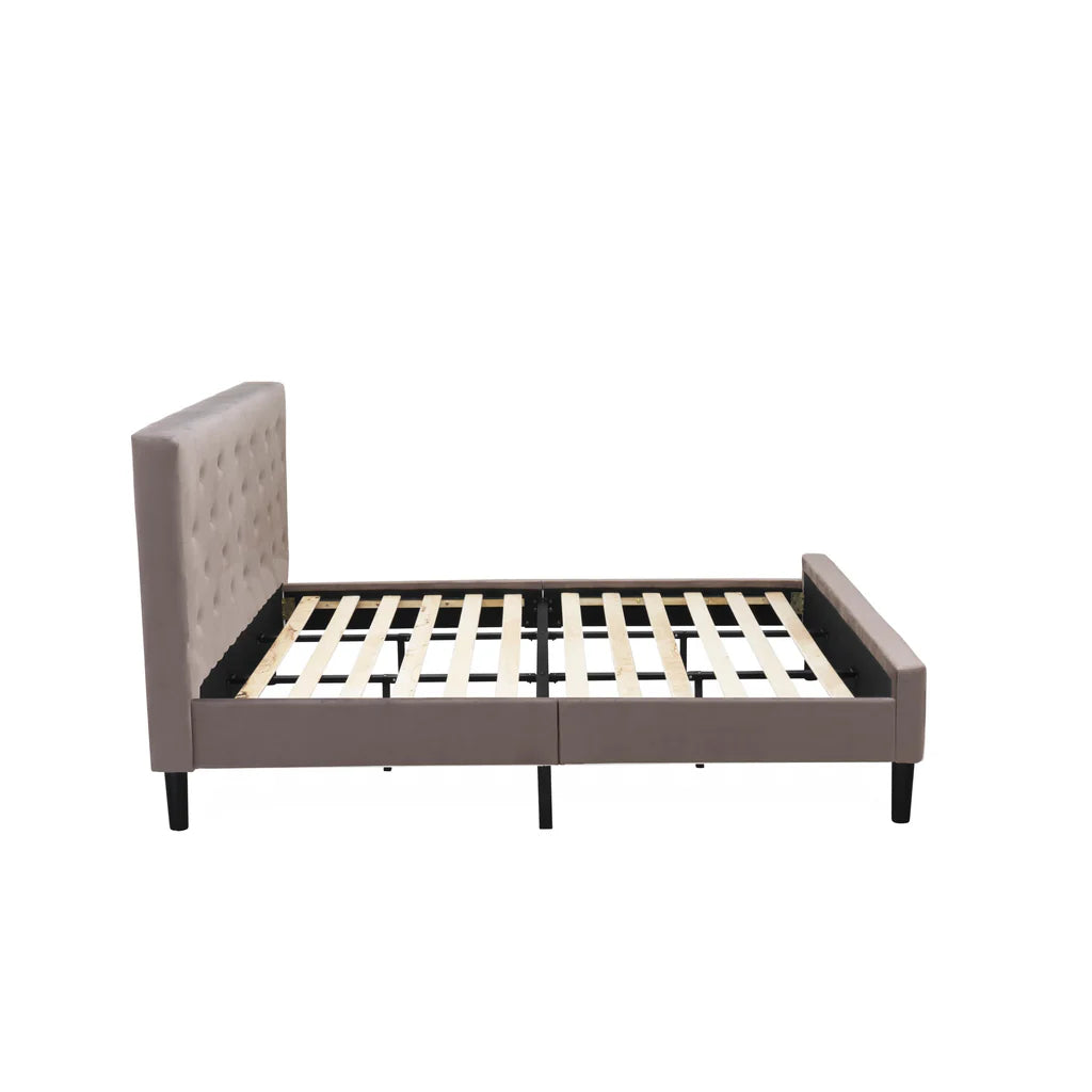 Nolan Platform Bed Frame - Button Tufted Brown Taupe Velvet Fabric Upholstered Headboard & Footboard, Black Legs, King Size