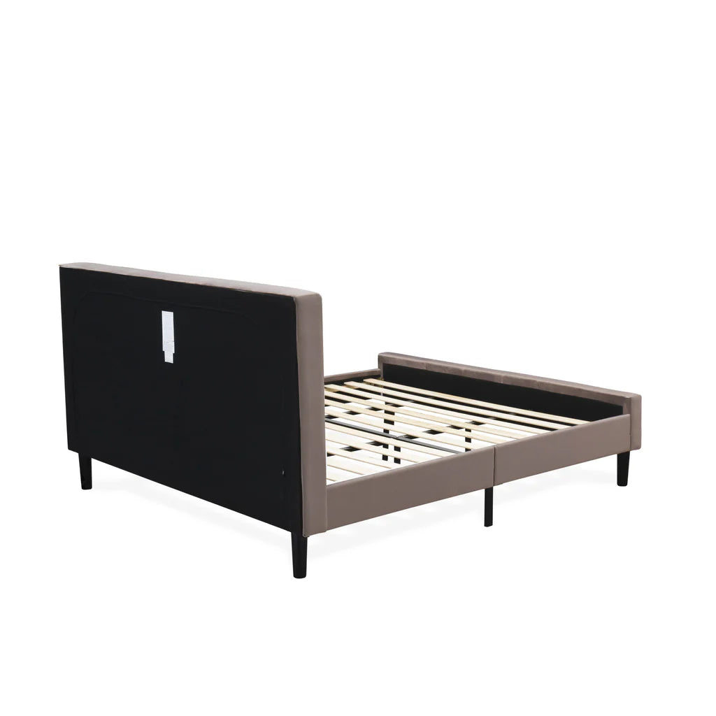 Nolan Platform Bed Frame - Button Tufted Brown Taupe Velvet Fabric Upholstered Headboard & Footboard, Black Legs, King Size