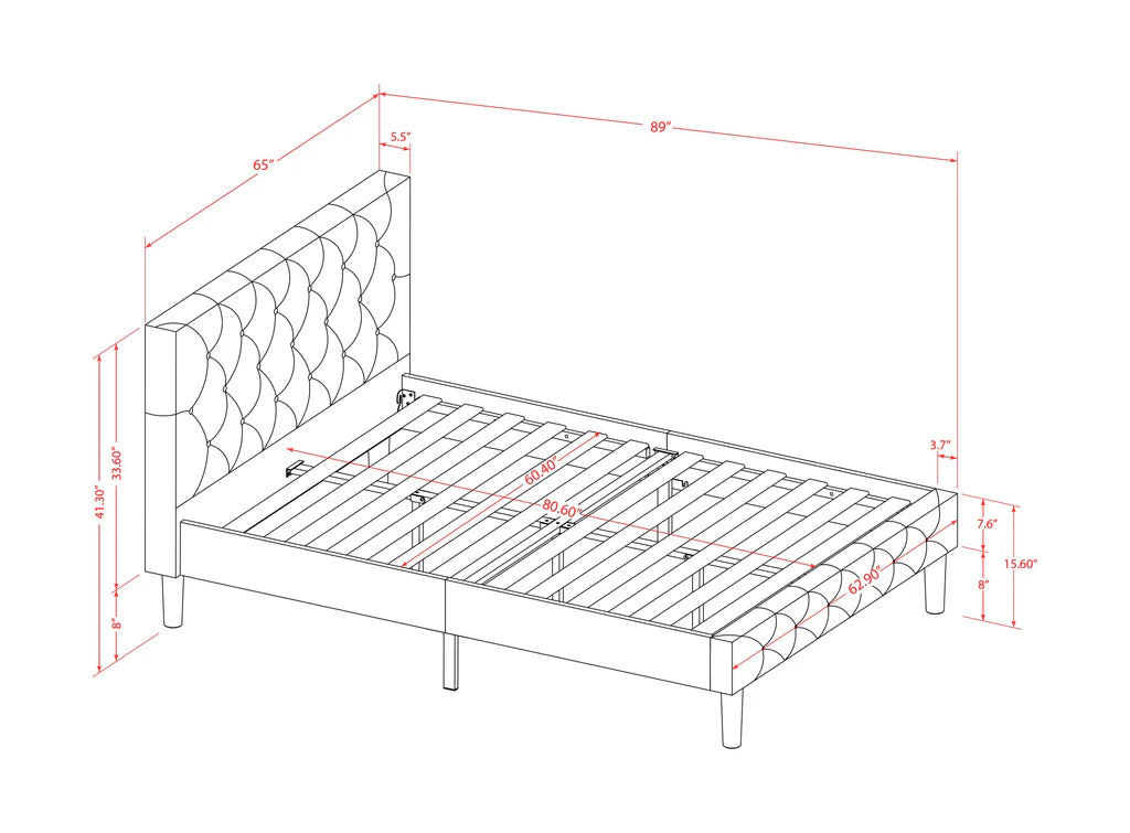 Nolan Platform Bed Frame - Button Tufted Brown Taupe Velvet Fabric Upholstery Headboard & Footboard, Black Legs, Queen Sizetboard