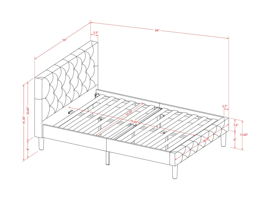 Nolan Platform Bed Frame - Button Tufted White Velvet Fabric Padded Headboard & Footboard, Black Legs, Full Size