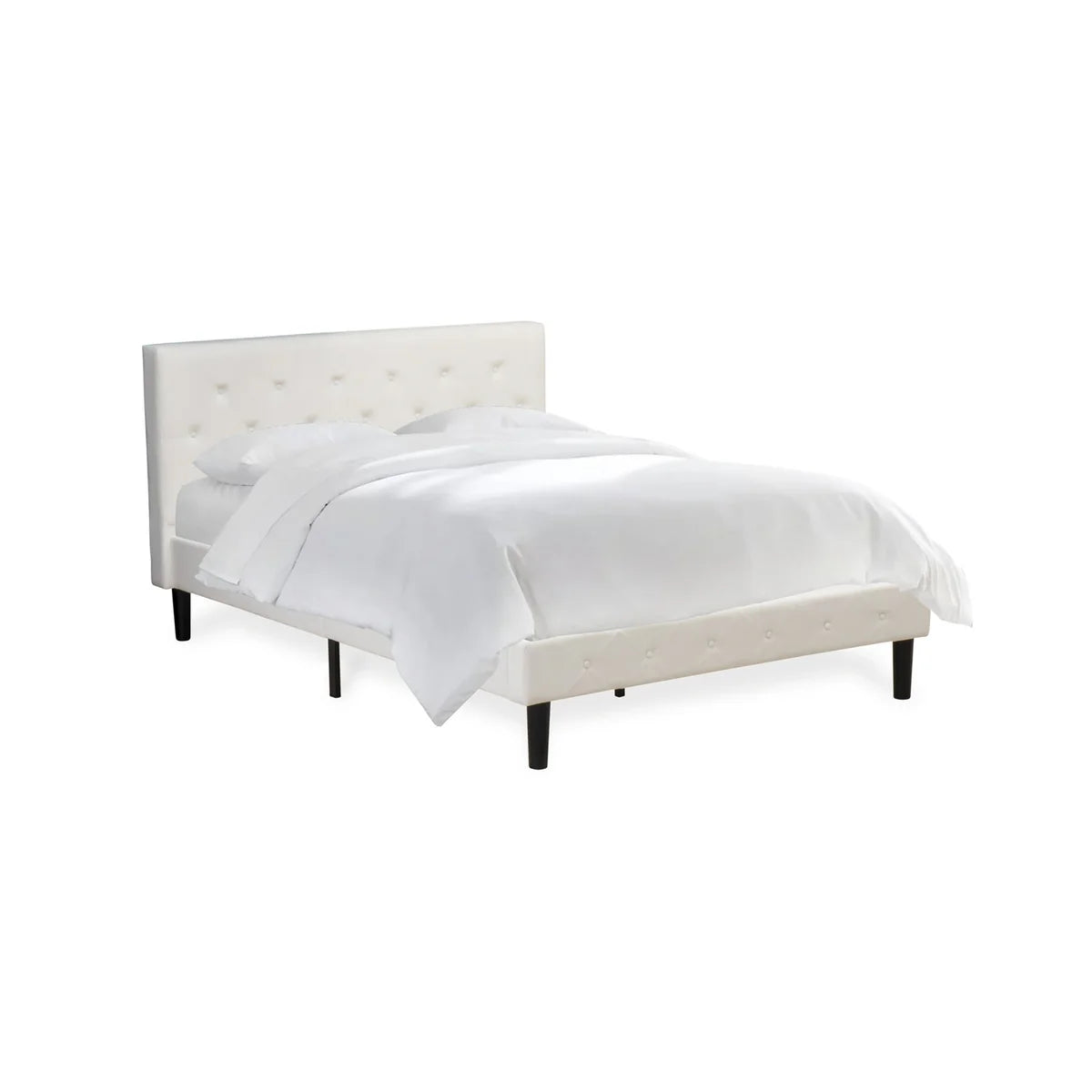 Nolan Platform Bed Frame - Button Tufted White Velvet Fabric Padded Headboard & Footboard, Black Legs, Full Size