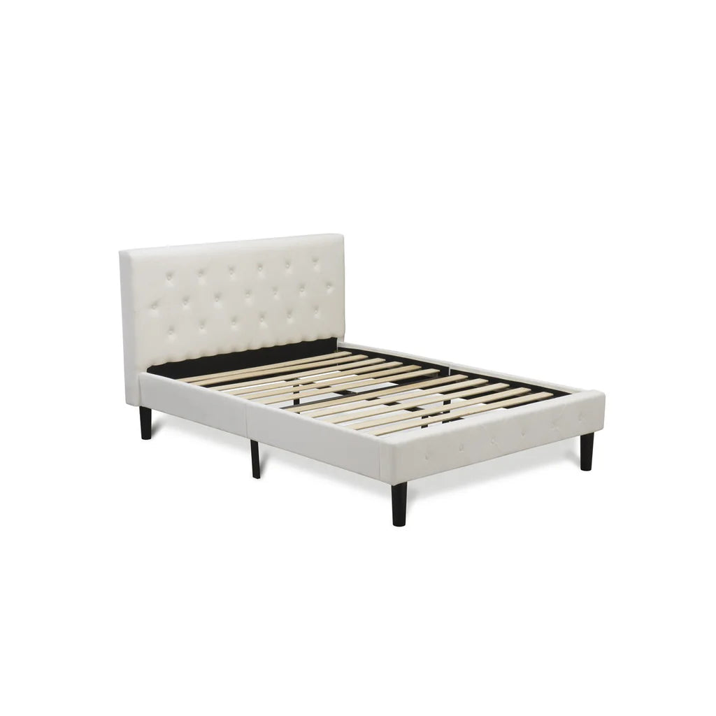 Nolan Platform Bed Frame - Button Tufted White Velvet Fabric Padded Headboard & Footboard, Black Legs, Full Size