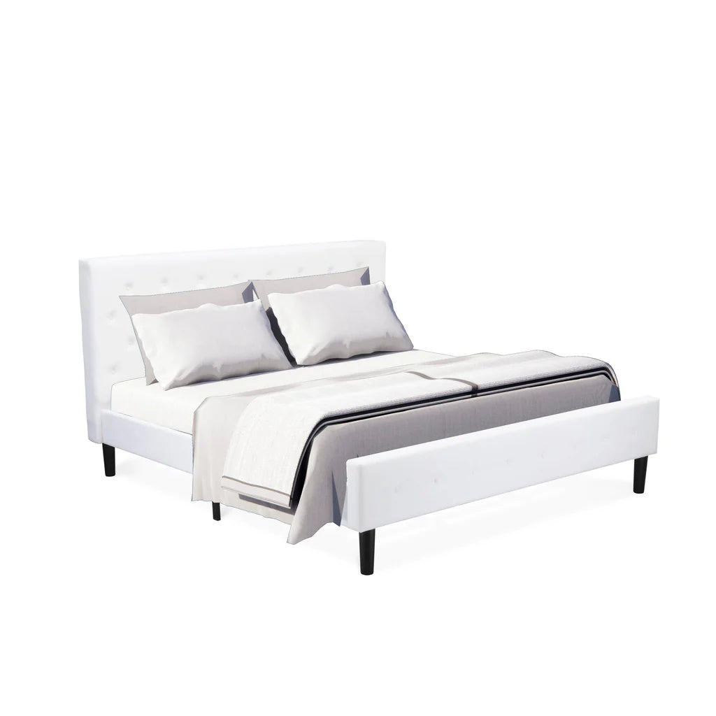 Nolan Platform Bed - Button Tufted White Velvet Fabric Upholstered Headboard & Footboard, Black Legs, King Size