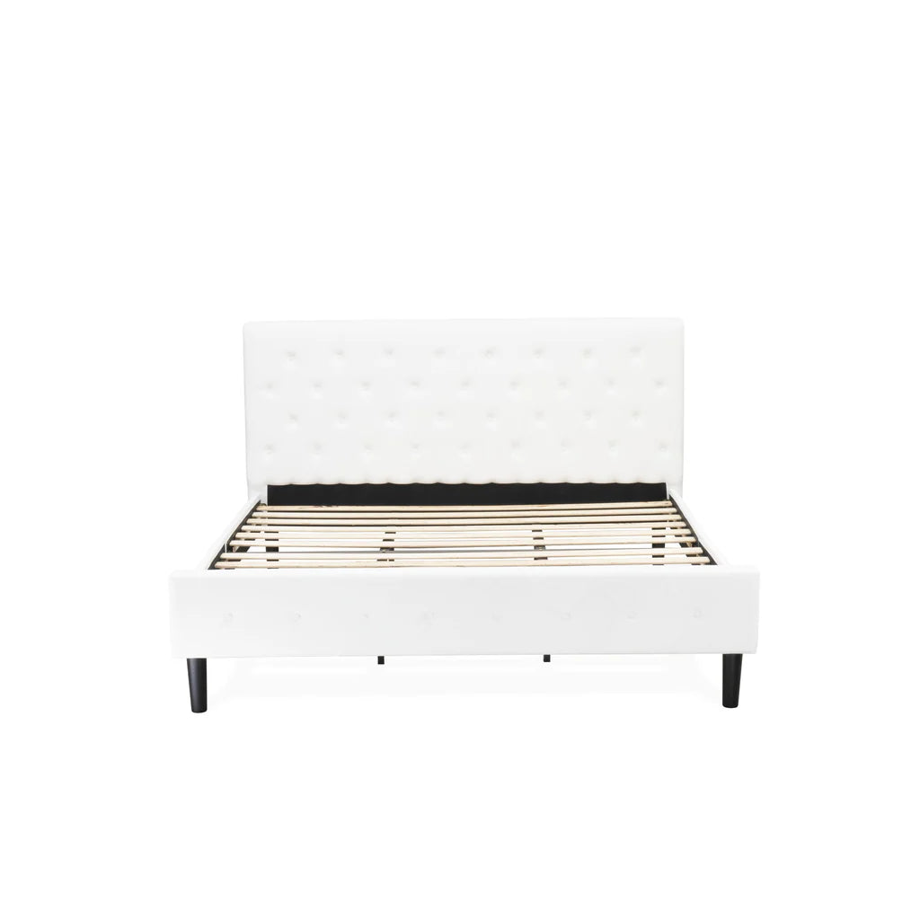 Nolan Platform Bed - Button Tufted White Velvet Fabric Upholstered Headboard & Footboard, Black Legs, King Size