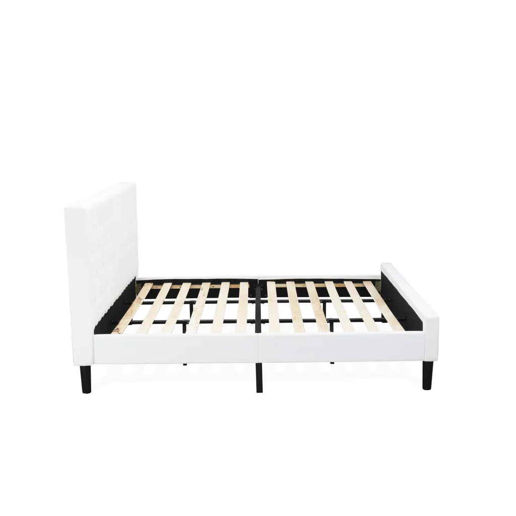 Nolan Platform Bed - Button Tufted White Velvet Fabric Upholstered Headboard & Footboard, Black Legs, King Size