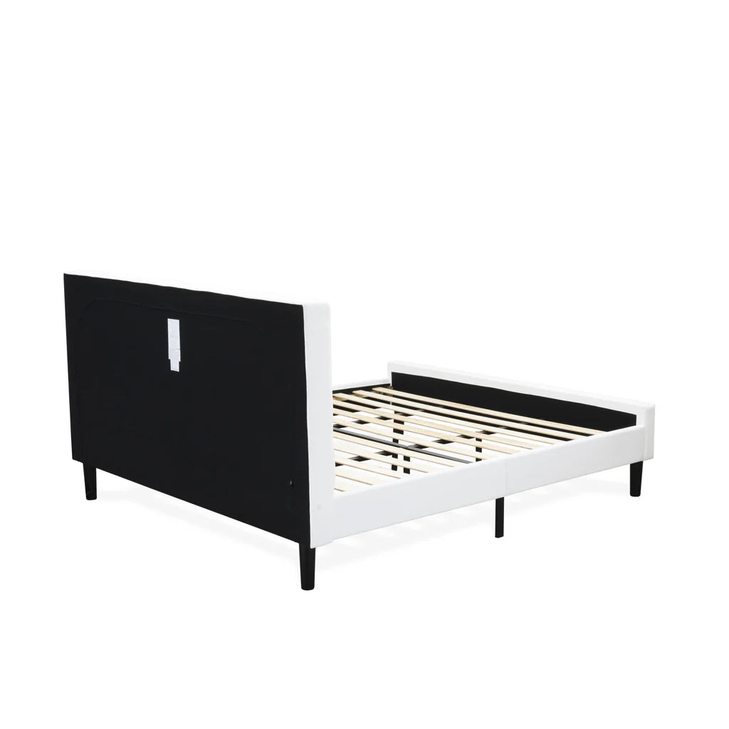 Nolan Platform Bed - Button Tufted White Velvet Fabric Upholstered Headboard & Footboard, Black Legs, King Size