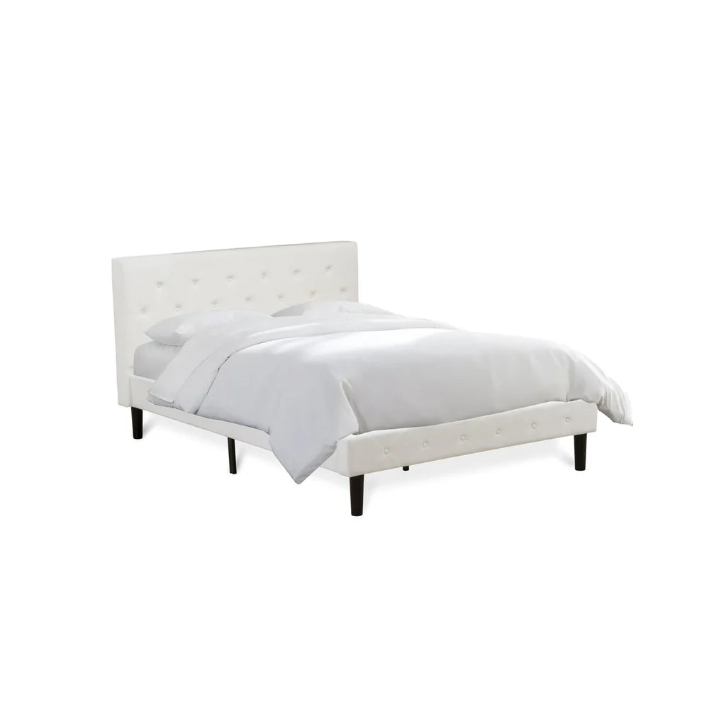 Nolan Platform Bed Frame - Button Tufted White Velvet Fabric Padded Headboard & Footboard, Black Legs, Queen Size