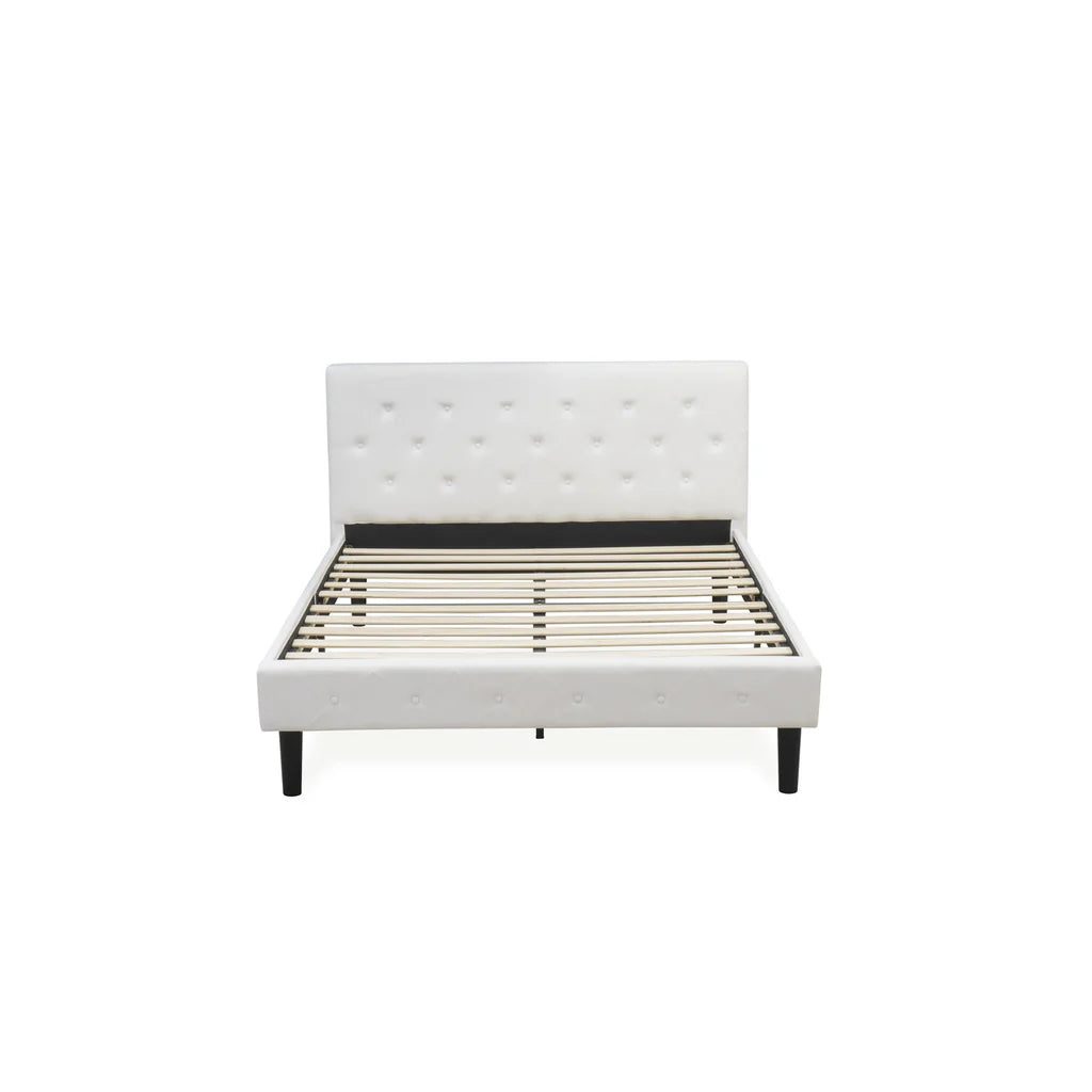 Nolan Platform Bed Frame - Button Tufted White Velvet Fabric Padded Headboard & Footboard, Black Legs, Queen Size