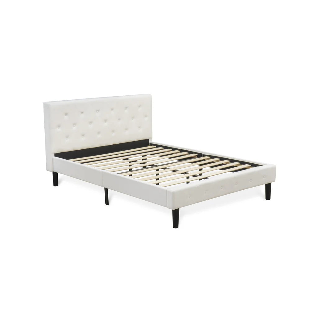 Nolan Platform Bed Frame - Button Tufted White Velvet Fabric Padded Headboard & Footboard, Black Legs, Queen Size